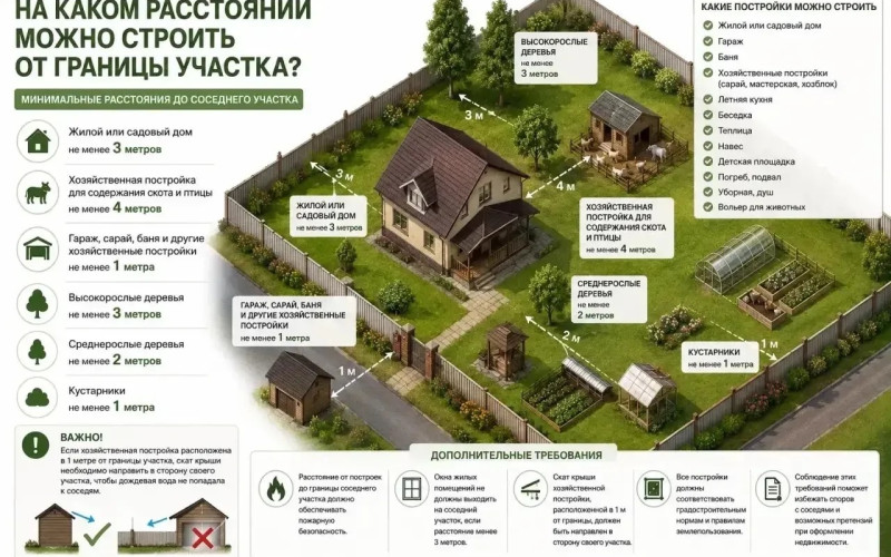  На каком расстоянии можно строить от границы участка?